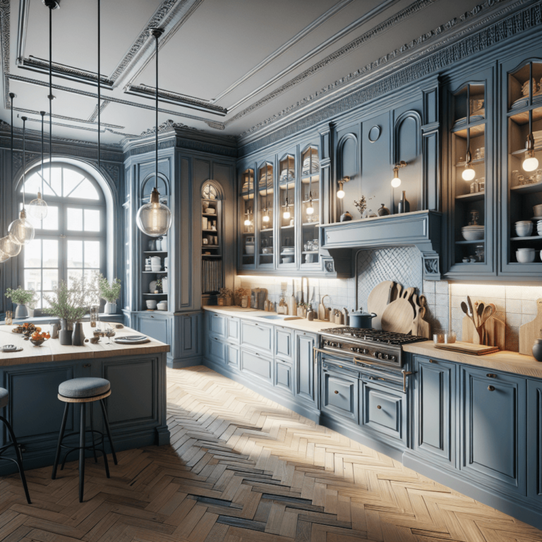 blaugraue Küche im Vintage Chic Stil-Leipzig